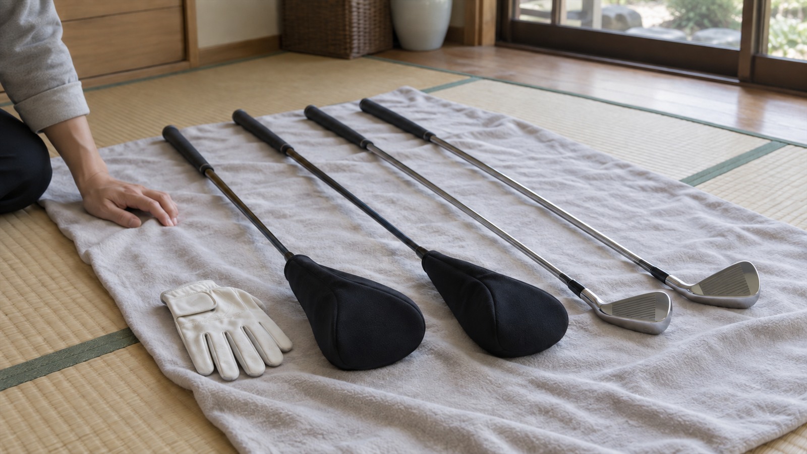 譲る前に布の上へ並べて状態を確かめるクラブ