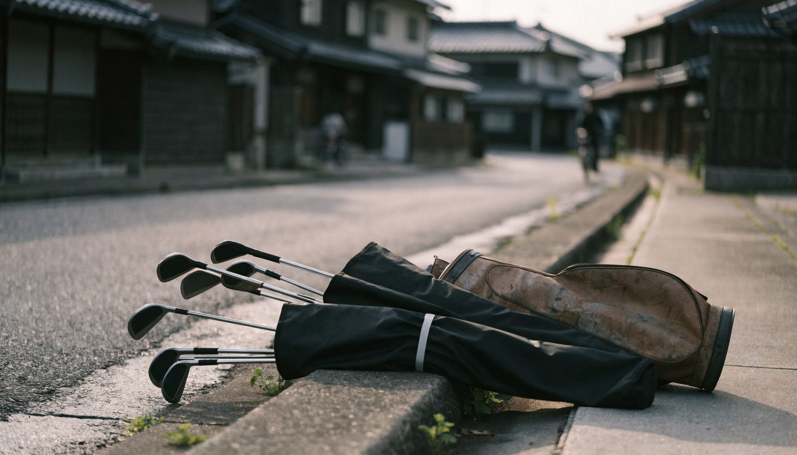 申込みをせずに道ばたへ置かれたクラブとバッグ(避けたい例)