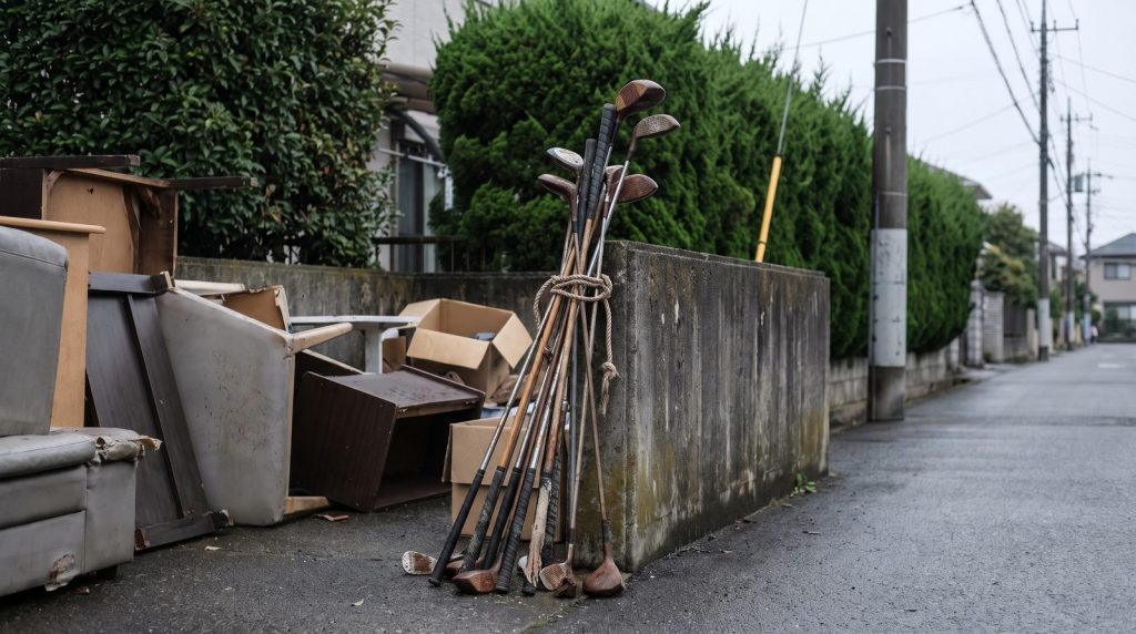 住宅街の集積場所に置かれた束ねたゴルフクラブ