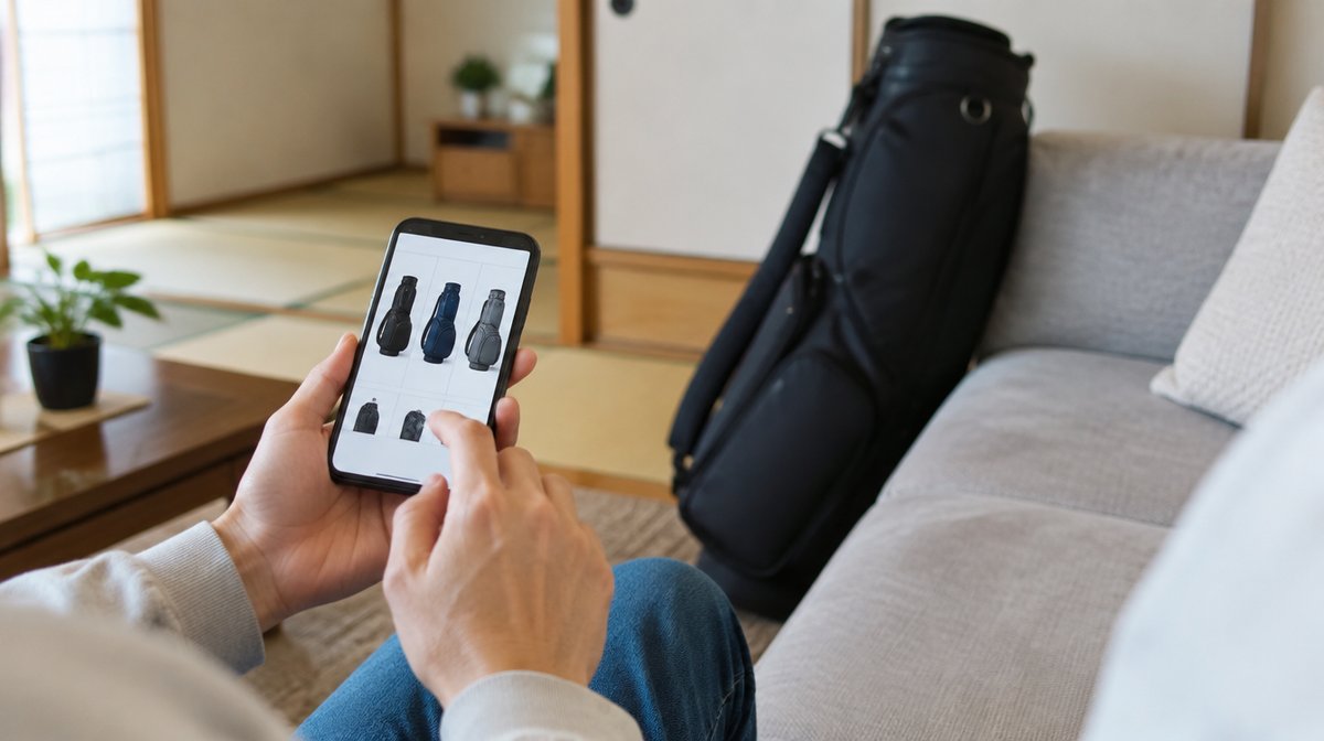 ソファに立てかけたキャディバッグの前でスマートフォンを操作して売り先を比べる手元