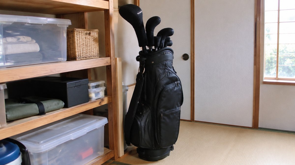 ヘッドカバーを付けたクラブが入ったままのキャディバッグを収納部屋に置いた様子