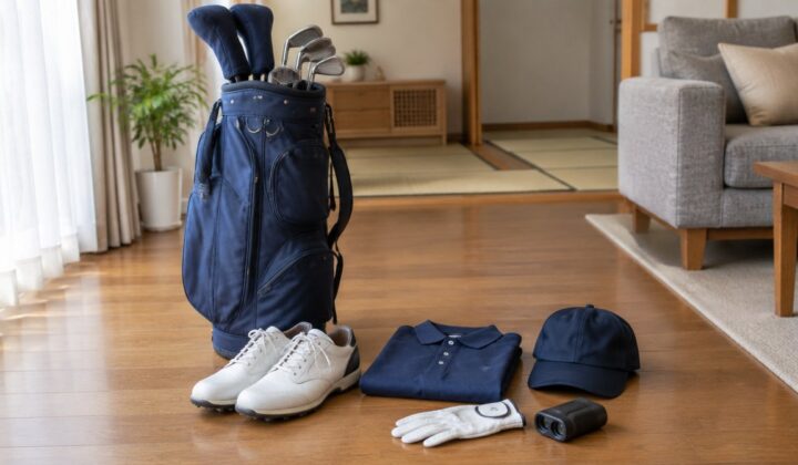 床に並べたキャディバッグ、ゴルフシューズ、ウェア、キャップ、グローブ、距離計