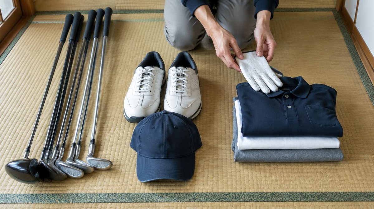 畳の上でクラブ、シューズとキャップ、ウェアの3つに分けたゴルフ用品