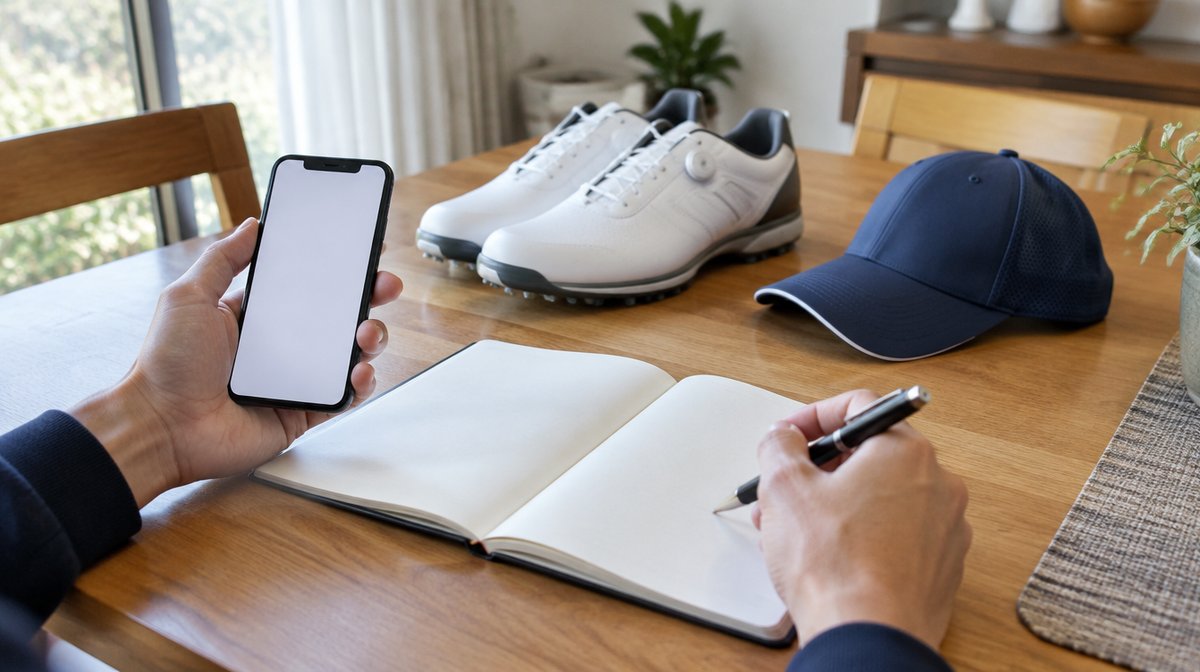 ゴルフシューズとキャップの横でスマートフォンとノートを使い売り先を比べる手元