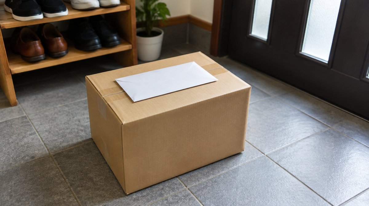 集荷を待つ玄関の床に置いた、封筒をのせた段ボール箱